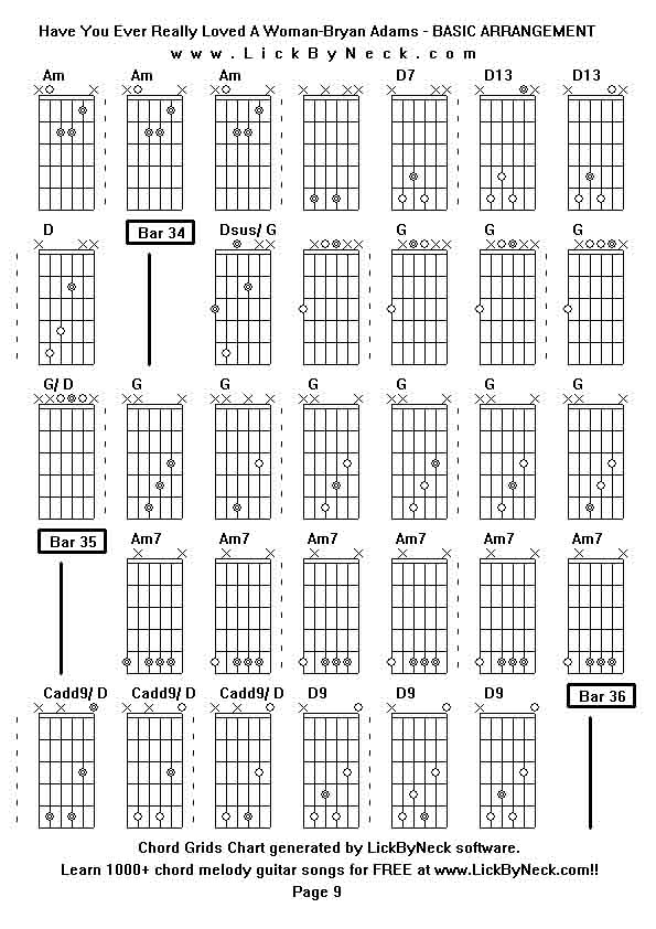 Chord Grids Chart of chord melody fingerstyle guitar song-Have You Ever Really Loved A Woman-Bryan Adams - BASIC ARRANGEMENT,generated by LickByNeck software.